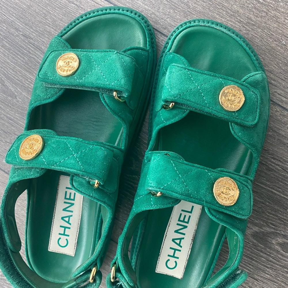 Chanel Green Dad Sandals 22P fits a size 37
